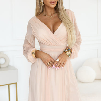 664-4 Long maxi dress with tulle sleeves and a wrap neckline - peach