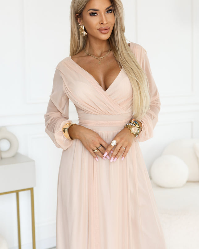 664-4 Long maxi dress with tulle sleeves and a wrap neckline - peach