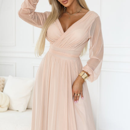 664-4 Long maxi dress with tulle sleeves and a wrap neckline - peach