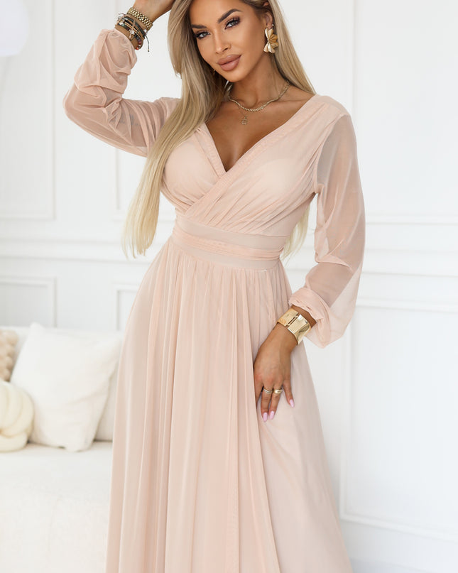 664-4 Long maxi dress with tulle sleeves and a wrap neckline - peach