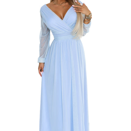 21700-7-664-5 Long maxi dress with tulle sleeves and a wrap neckline - sky blue-7