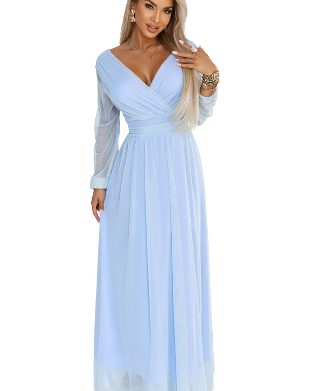 664-5 Long maxi dress with tulle sleeves and a wrap neckline - sky blue