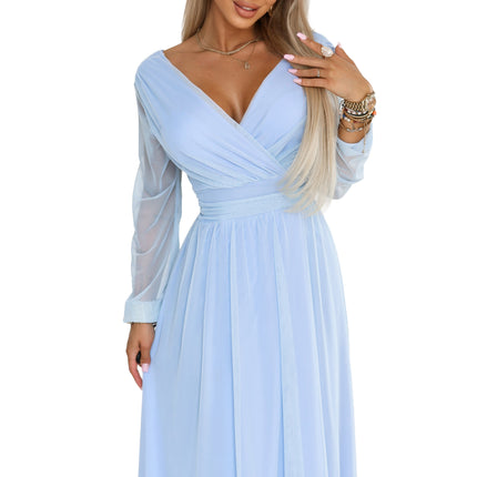 21700-8-664-5 Long maxi dress with tulle sleeves and a wrap neckline - sky blue-8