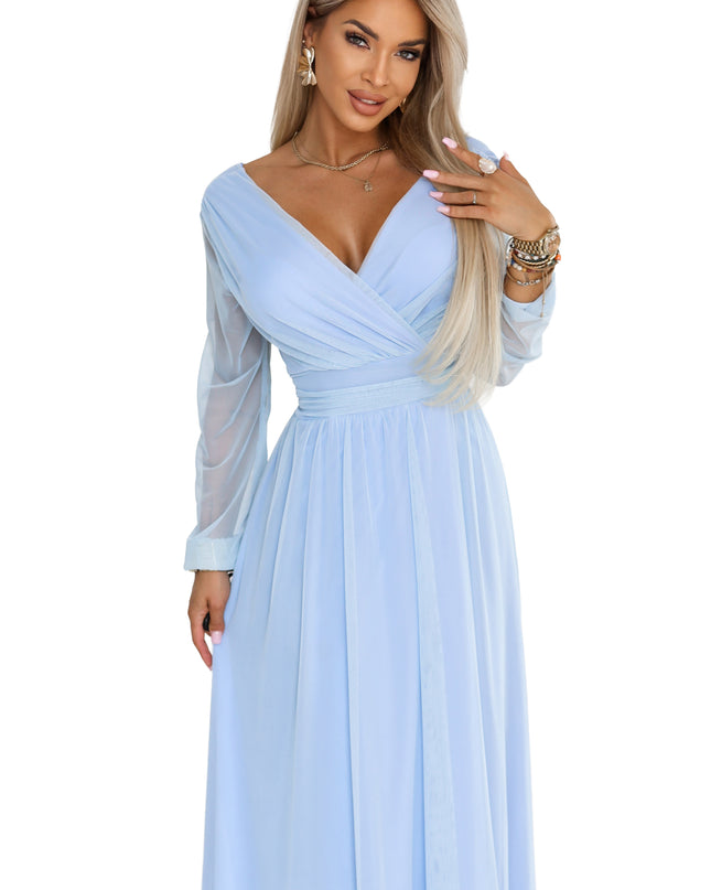 664-5 Long maxi dress with tulle sleeves and a wrap neckline - sky blue