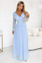 664-5 Long maxi dress with tulle sleeves and a wrap neckline - sky blue