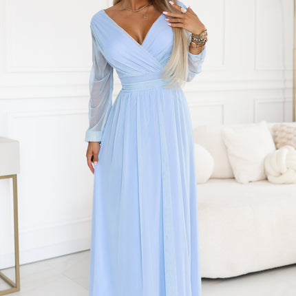 21700-1-664-5 Long maxi dress with tulle sleeves and a wrap neckline - sky blue-1