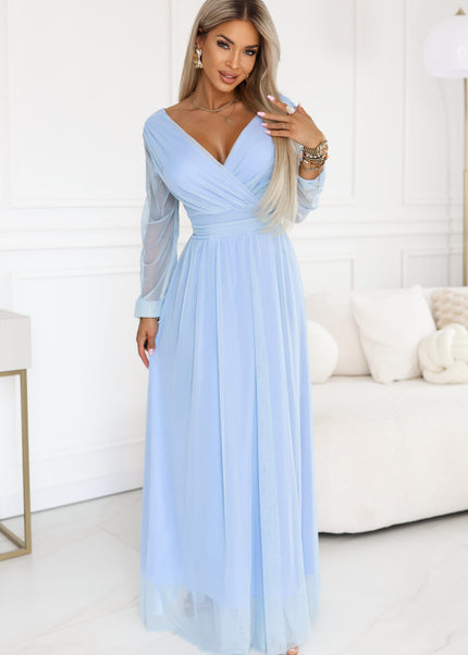 664-5 Long maxi dress with tulle sleeves and a wrap neckline - sky blue