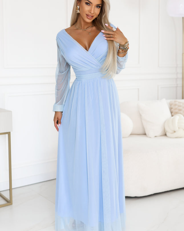 664-5 Long maxi dress with tulle sleeves and a wrap neckline - sky blue