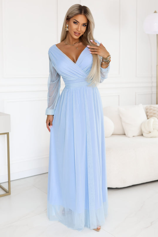 664-5 Long maxi dress with tulle sleeves and a wrap neckline - sky blue