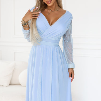 21700-5-664-5 Long maxi dress with tulle sleeves and a wrap neckline - sky blue-5