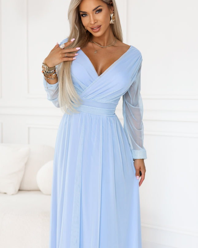 664-5 Long maxi dress with tulle sleeves and a wrap neckline - sky blue