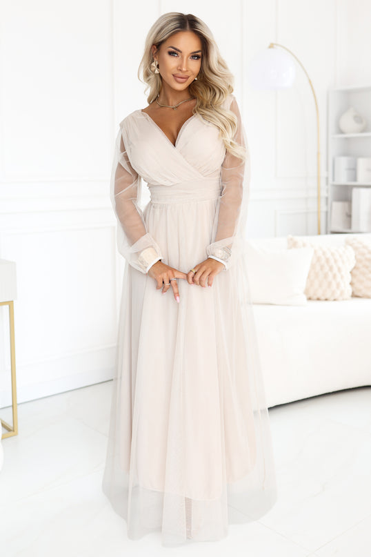 Beige Maxi Dress with Tulle Sleeves and Wrap Neckline