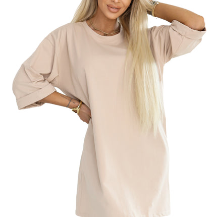 21692-9-666-1 Cotton loose oversize dress with short sleeves - beige-9