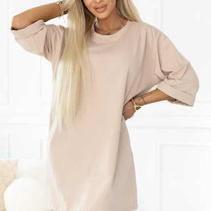 21692-1-666-1 Cotton loose oversize dress with short sleeves - beige-1