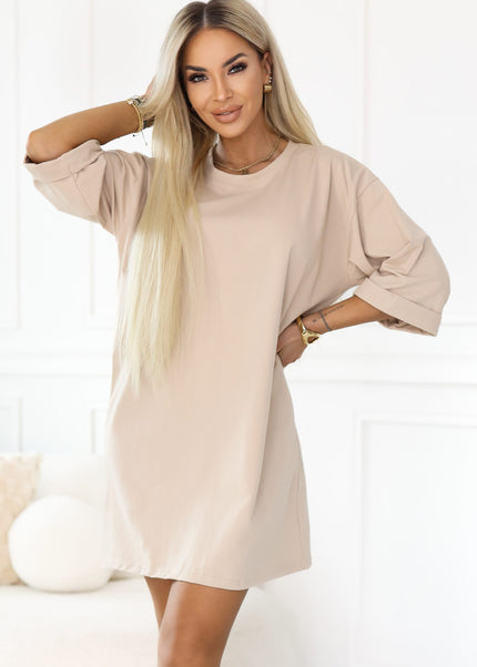 666-1 Cotton loose oversize dress with short sleeves - beige