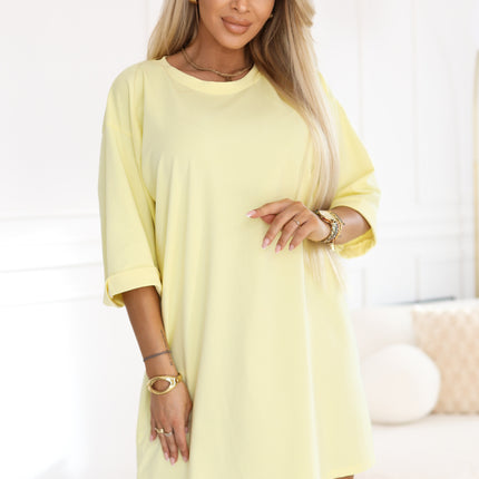 21653-4-666-2 Cotton loose oversize dress with short sleeves - butter yellow-4