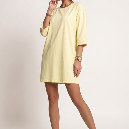 666-2 Cotton loose oversize dress with short sleeves - butter yellow