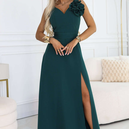 669-1 Romantic maxi dress with a flower on the shoulder and a slit - bottle green
