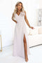 669-3 Romantic maxi dress with a flower on the shoulder and a slit - beige