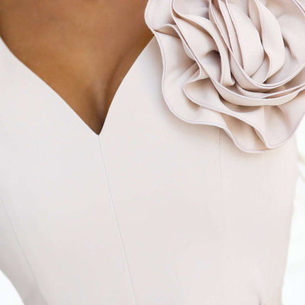 669-3 Romantic maxi dress with a flower on the shoulder and a slit - beige