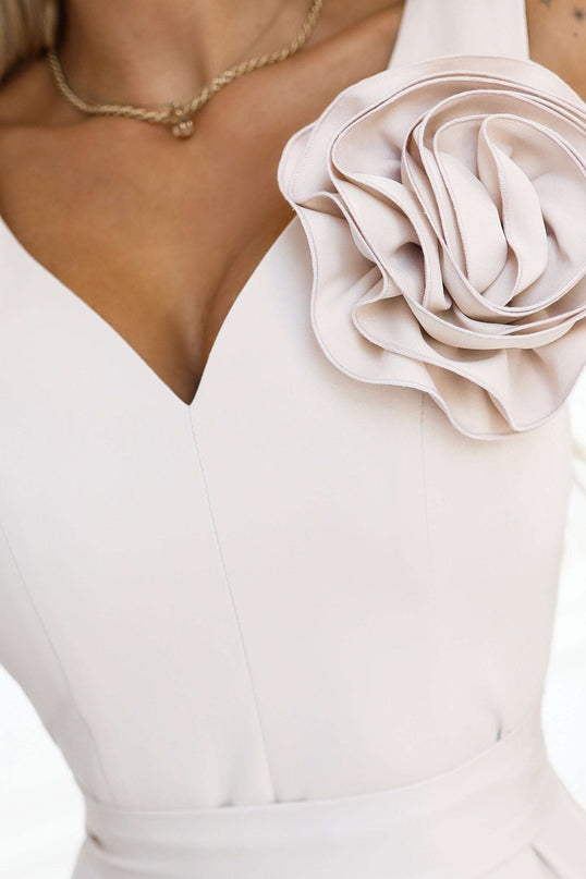 669-3 Romantic maxi dress with a flower on the shoulder and a slit - beige