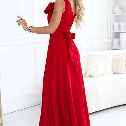669-4 Romantic maxi dress with a flower on the shoulder and a slit - red