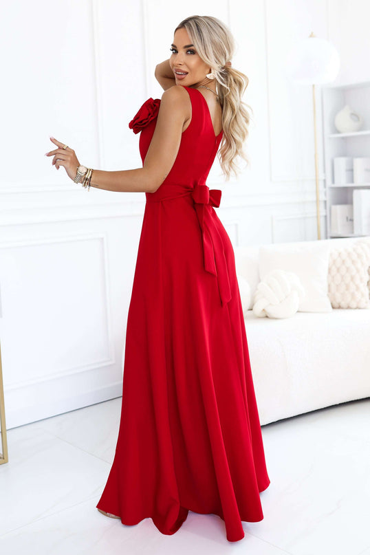 669-4 Romantic maxi dress with a flower on the shoulder and a slit - red