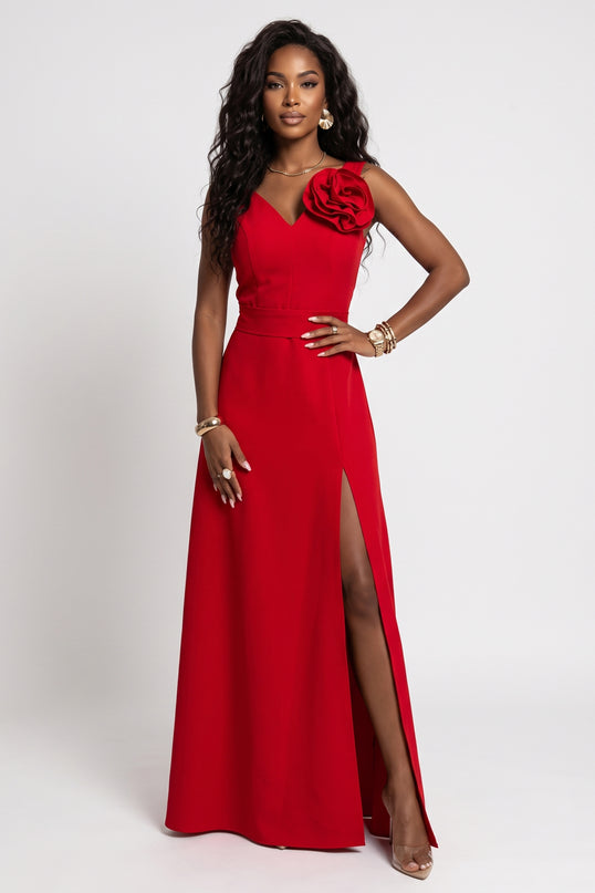 669-4 Romantic maxi dress with a flower on the shoulder and a slit - red