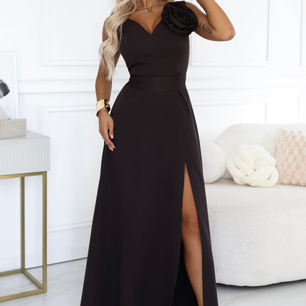669-5 Romantic maxi dress with a shoulder flower and a slit - chocolate brown
