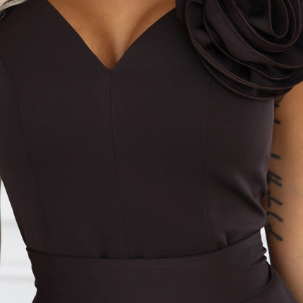 669-5 Romantic maxi dress with a shoulder flower and a slit - chocolate brown