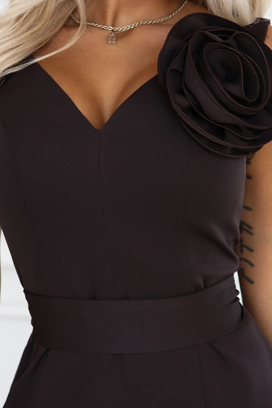 669-5 Romantic maxi dress with a shoulder flower and a slit - chocolate brown