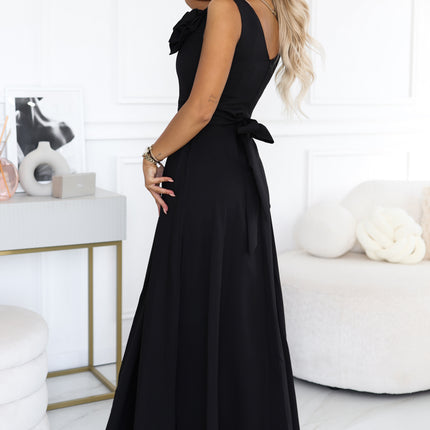 669-6 Romantic maxi dress with a shoulder flower and a slit - classic black