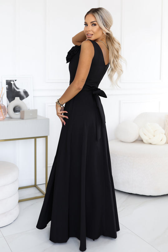 669-6 Romantic maxi dress with a shoulder flower and a slit - classic black