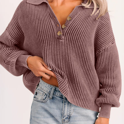 Dark Brown Washed Knit Button Polo Collar Loose Sweater