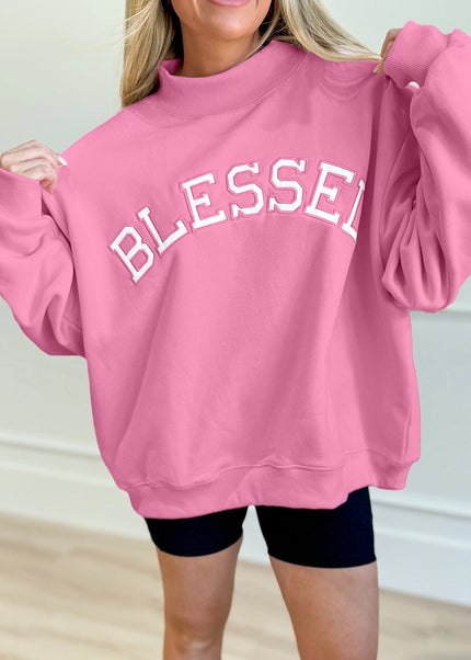 Bright Pink Oversize Blessed Embroidered Mock Neck Sweatshirt