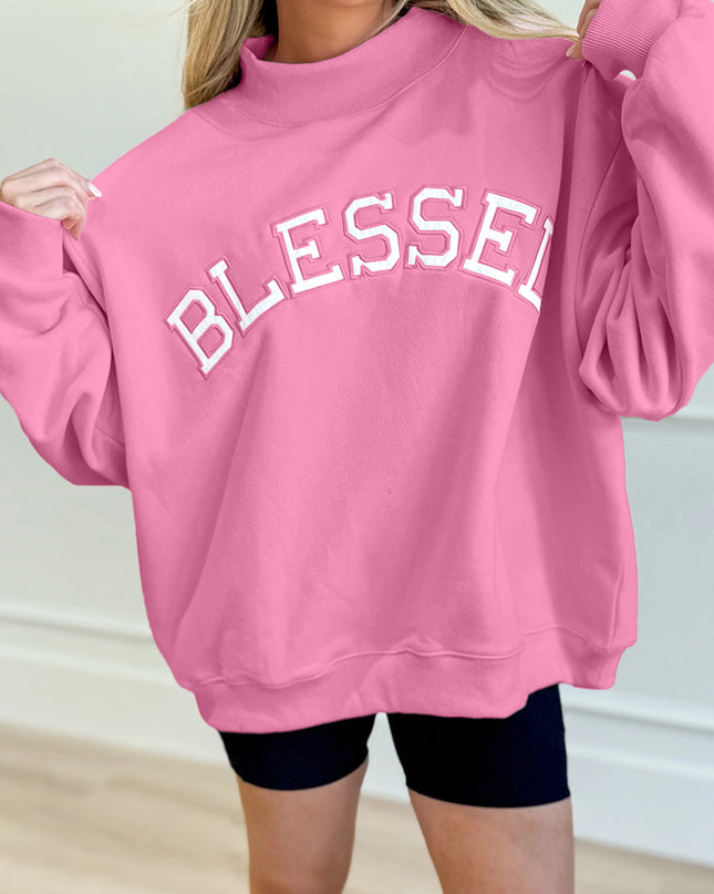 Bright Pink Oversize Blessed Embroidered Mock Neck Sweatshirt