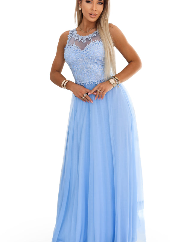 672-1 Romantic maxi wedding dress with embroidered lace and tulle - baby blue