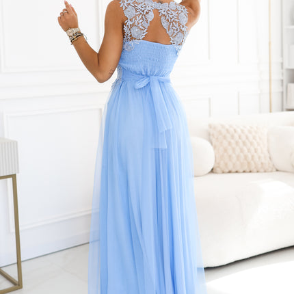 672-1 Romantic maxi wedding dress with embroidered lace and tulle - baby blue