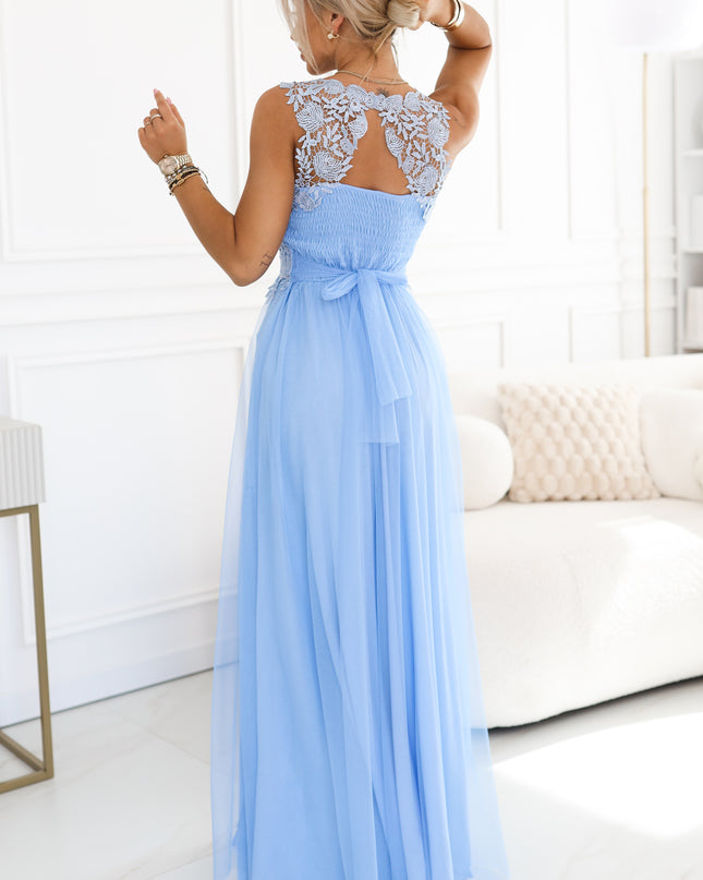 672-1 Romantic maxi wedding dress with embroidered lace and tulle - baby blue