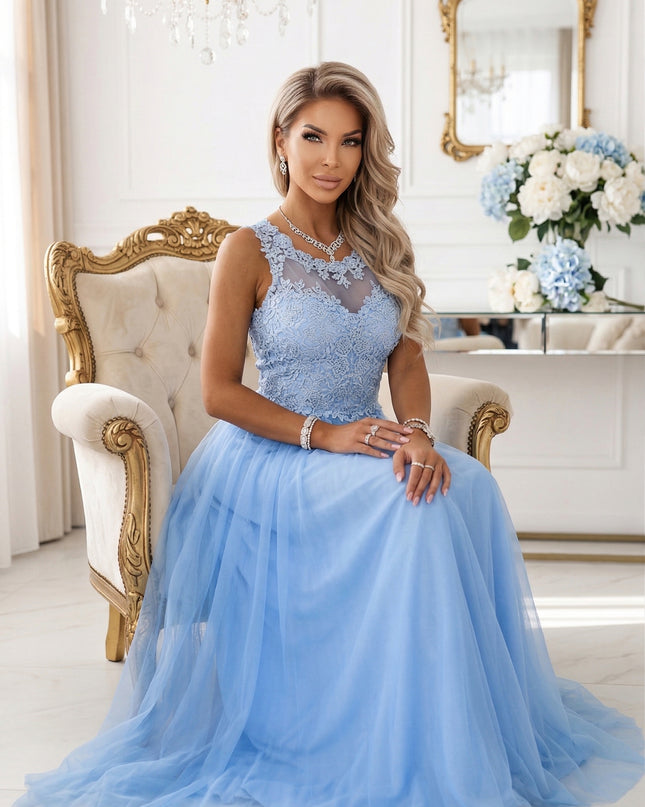 672-1 Romantic maxi wedding dress with embroidered lace and tulle - baby blue