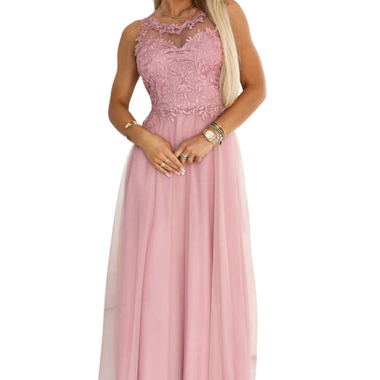 21595-8-672-2 Romantic maxi wedding dress with embroidered lace and tulle - powder pink-8