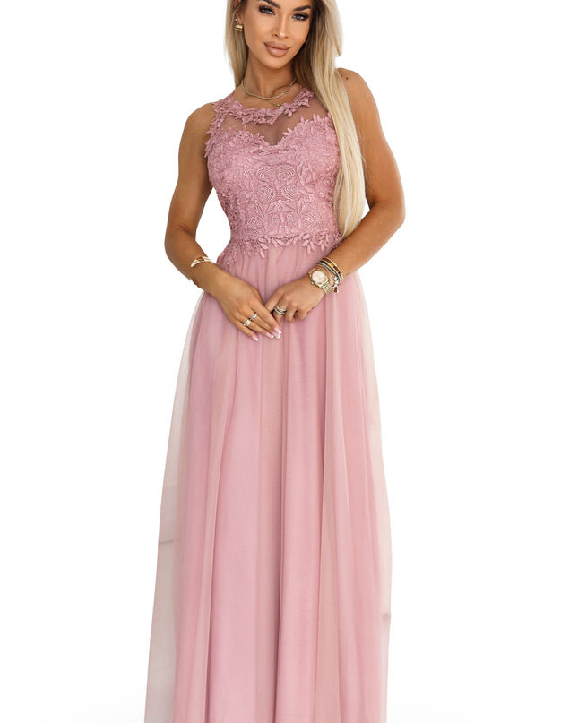 672-2 Romantic maxi wedding dress with embroidered lace and tulle - powder pink