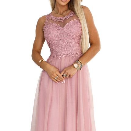 21595-7-672-2 Romantic maxi wedding dress with embroidered lace and tulle - powder pink-7