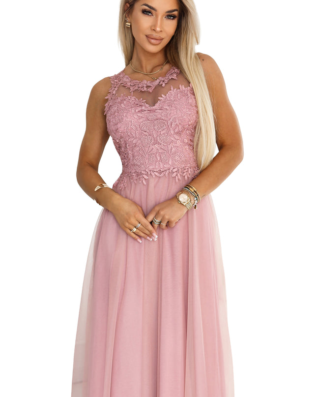 672-2 Romantic maxi wedding dress with embroidered lace and tulle - powder pink