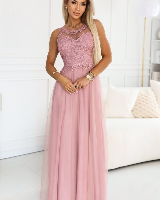 672-2 Romantic maxi wedding dress with embroidered lace and tulle - powder pink
