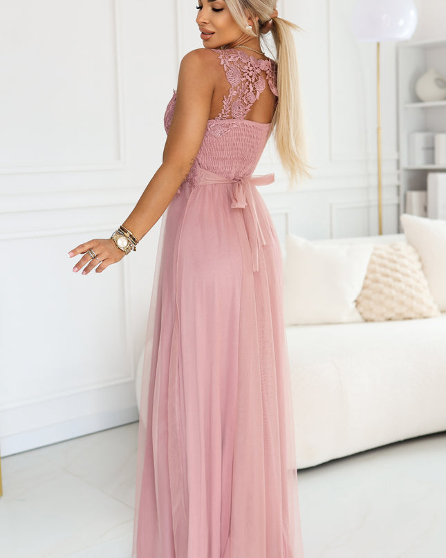 672-2 Romantic maxi wedding dress with embroidered lace and tulle - powder pink