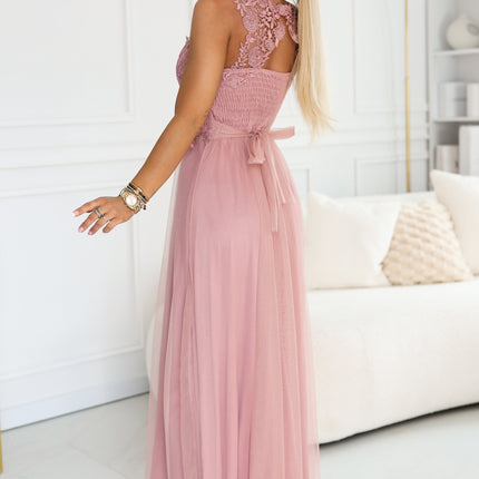 21595-2-672-2 Romantic maxi wedding dress with embroidered lace and tulle - powder pink-2
