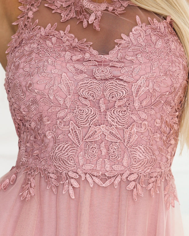 672-2 Romantic maxi wedding dress with embroidered lace and tulle - powder pink