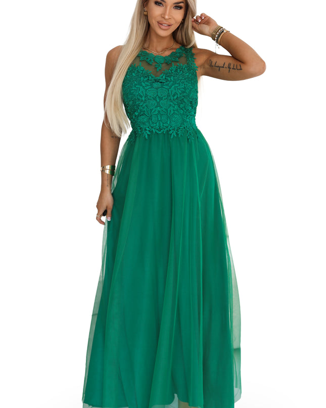 672-3 Romantic maxi wedding dress with embroidered lace and tulle - green