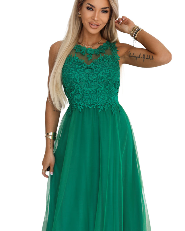 672-3 Romantic maxi wedding dress with embroidered lace and tulle - green